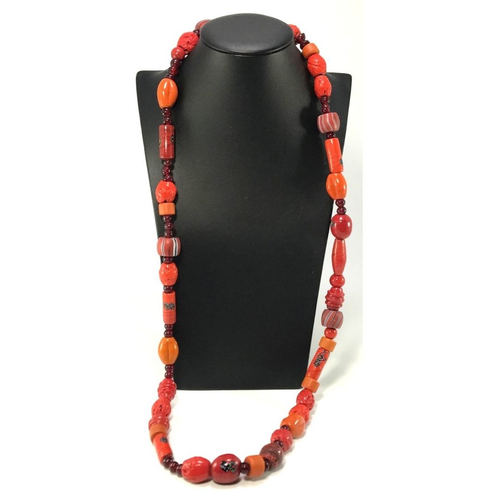 Brick Red Assorted Antique African Trade Bead Necklace 38" 77 Beads Shapes Sizes - Picture 2 of 5